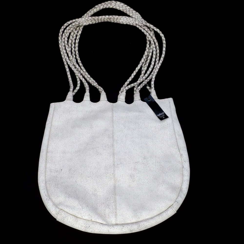 Latico Crackle White Ginny Leather Tote Bag Braided Handle Straps Shoulder Purse - Picture 1 of 5